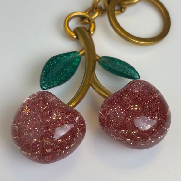 Cherry Charm Key Chain Pink Glitter Gold Resin Handbag Tote Backpack Charm - Picture 2 of 3